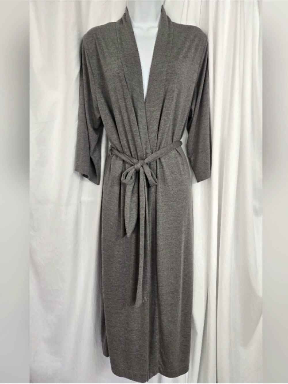 Natori Long Shawl Collar Robe in Gray with Tie Belt
